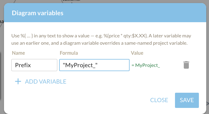 The diagram-variables dialog: name, formula, computed value.